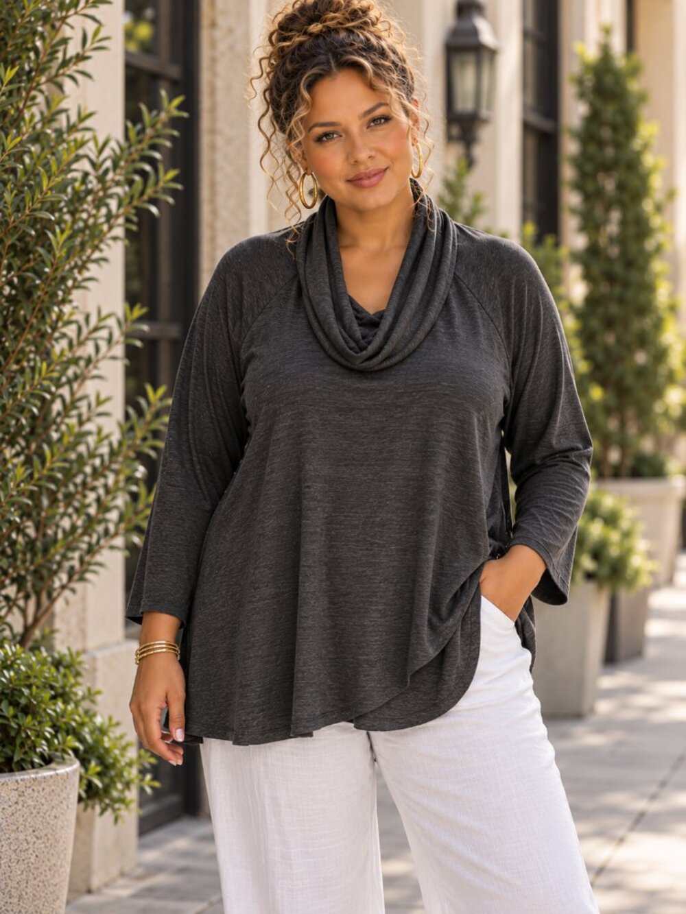 Gray Cowl Neck Tunic Top 3X Plus Size Cozy Knit Long Flowy Loungewear Charcoal - Picture 1 of 16